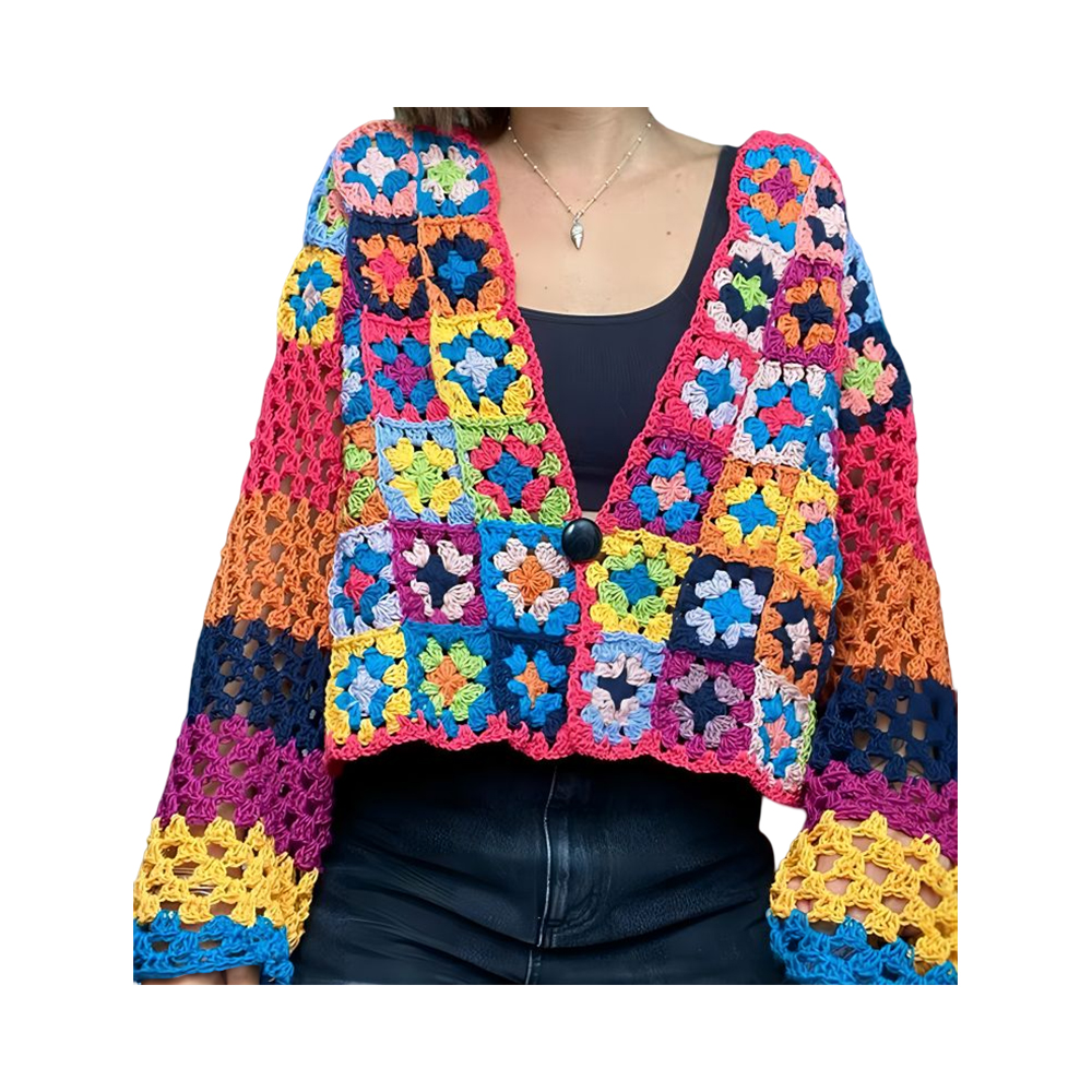 Bà ngoại vuông áo khoác cardigan nhiều màu sắc chắp vá áo khoác cardigan handmade móc áo len