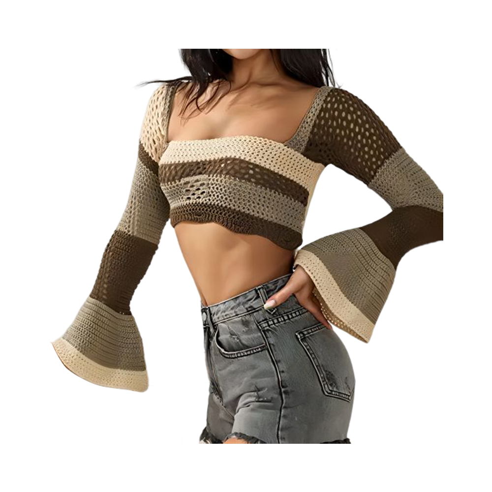 Phụ Nữ Dài Tay Áo Crop Top Móc Đan Khối Màu Chui Đầu Dây Nhảy Áo Rời Miếng Dán Cường Lực Áo Sơ Mi 90 Dạo Phố